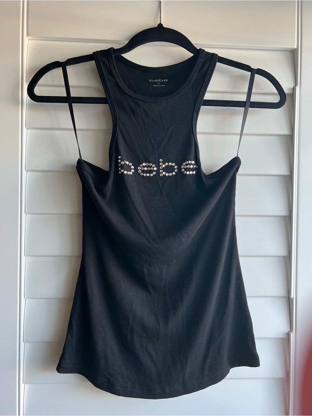 bebe Black Ribbed Tank with Rhinestone Logo